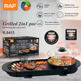 RAF 2-in-1 Electric Barbecue Grill with Hot Pot & Adjustable Temperature – 1800W & 2.5 Litre Capacity