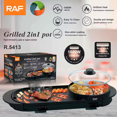 RAF 2-in-1 Electric Barbecue Grill with Hot Pot & Adjustable Temperature – 1800W & 2.5 Litre Capacity