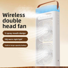 Portable Double Layer Mist Circulating Fan with Dual Motors, 3 Wind Speeds, Humidifier Spray, 7-Color LED Light & Type-C Charging