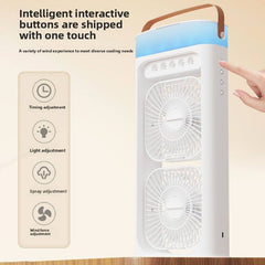 Portable Double Layer Mist Circulating Fan with Dual Motors, 3 Wind Speeds, Humidifier Spray, 7-Color LED Light & Type-C Charging