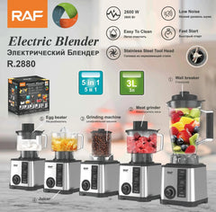 RAF 5-in-1 Multipurpose Electric Blender Grinder Juicer & Beater with 3L Capacity & Stainless Steel Blades - 2600W