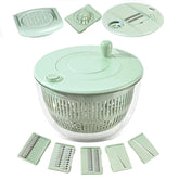8-in-1 Manual Salad Spinner & Vegetable Slicer with 6 Interchangeable Stainless Steel Blades, 1.5MM/3MM Slicing, 3MM/5MM Julienne Shredding, Wavy Cutter, Juicer/Grater, Quick Stop Button, Drain Basket & Multi-Purpose Mixing Bowl