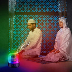 مكبر صوت للقرآن الكريم بتقنية ليد متعددة الألوان، مزود بذاكرة 8 جيجابايت، وجهاز تحكم عن بعد، وتطبيق جوال، و18 قارئًا، و15 ترجمة، وتشغيل صوتي عالي الوضوح.