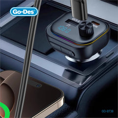 Go-Des GD-BT38 Wireless 5.3 Car MP3 FM Transmitter with 36W USB-C PD Output, QC 3.0 Fast Charging, Hands-Free Calling, Navigation Broadcast and Color-Changing LED Lights
