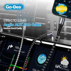 Go-Des GAC-168 Type-C to 3.5mm Aux Audio Cable 100cm Braided TPE High-Fidelity Wired Adapter for Music, Calls, Speakers and Live Streaming