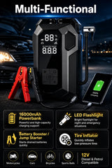 Portable Car Emergency Jump Starter & 150 PSI Air Compressor with Digital Tire Inflator USB Power Bank LED Flashlight Smart Safety Battery Clamp System
