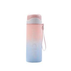 500ml Cute Gradient Design Glass Interior Water Bottle with Double Glazing, Leakproof Lid & Strap for Hot & Cold Drinks