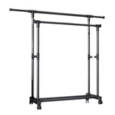 Adjustable Double Pole Clothes Hanger Rack with Wheels, Heavy Duty Steel Garment Organizer Stand with Bottom Shelf and Expandable Width 85–140 cm
