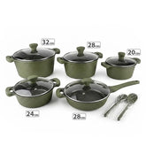 OSFE 12 PCS Aluminum Nonstick Granite Cookware Set (32, 28, 24, 20 cm Pots, 28 cm Pan with 2 Pcs of Utensil Tools) - Green