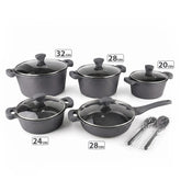 OSFE 12 PCS Aluminum Nonstick Granite Cookware Set (32, 28, 24, 20 cm Pots, 28 cm Pan with 2 Pcs of Utensil Tools) - Grey