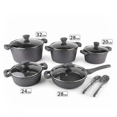 OSFE 12 PCS Aluminum Nonstick Granite Cookware Set (32, 28, 24, 20 cm Pots, 28 cm Pan with 2 Pcs of Utensil Tools) - Grey