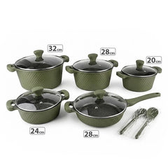 OSFE 12 PCS Aluminum Nonstick Granite Cookware Set (32, 28, 24, 20 cm Pots, 28 cm Pan with 2 Pcs of Utensil Tools) - Green