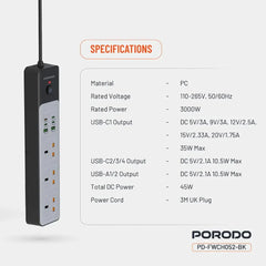 Porodo 3AC Power Strip with 45W USB Charging, PD 35W Fast Charge, 3000W Power Capacity and 3 Meter Power Cord - Black
