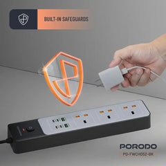Porodo 3AC Power Strip with 45W USB Charging, PD 35W Fast Charge, 3000W Power Capacity and 3 Meter Power Cord - Black