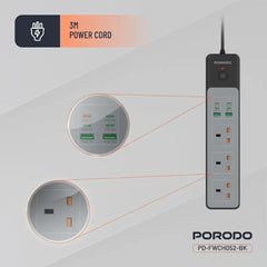 Porodo 3AC Power Strip with 45W USB Charging, PD 35W Fast Charge, 3000W Power Capacity and 3 Meter Power Cord - Black