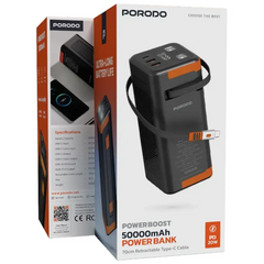 Porodo PowerBoost 50000mAh Power Bank with Retractable Cable 70cm - Black