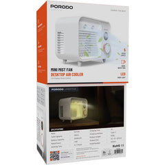 Porodo Mini Mist Fan Desktop Air Cooler with 250mL Water Tank, Smart LED Display, USB-C Rechargeable 2000mAh Battery, 5 Speed Personal Cooling Fan & LED Night Light