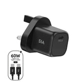 SIA Mini Wall Charger Gan PD/PPS 35W Type-C Port With C-C Cable 1M - Black-Uk