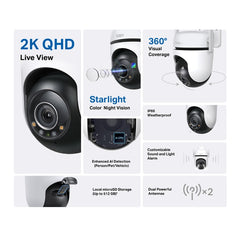 Outdoor Pan/Tilt Security Wi-Fi Camera 2K , 512GB Micro SD Support