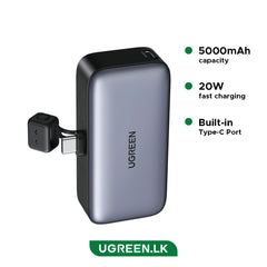 UGREEN 5000mAh PD-20W Power Bank with Built-in USB-C Connector - Black