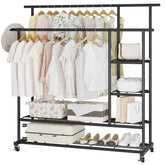 Heavy Duty Double Pole Rolling Clothes Rack & Multi-Layer Storage Organizer with Lockable Wheels, Side Shelves, Bottom Shoe Rack & 88Kg Load Capacity 148x130x40CM
