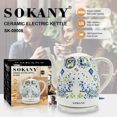 SOKANY SK-09008 Premium Ceramic Electric Kettle 1.5L, 1000W, Decorative Mosaic Porcelain Design, 360° Swivel Detachable Base