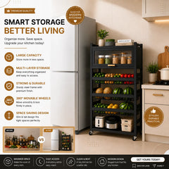 3 Layer+ Cabinet Multifunctional Kitchen Storage Shelf Rack with Detachable Mesh Baskets & Universal Wheels - 125 x 80 x 32 CM