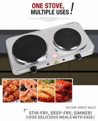 Double Electric Hot Plate with Dual 1000W Cooking Plates, 2000W Total Power, Variable Heat Control, Indicator Lights & Stainless Steel Portable Countertop Design – 46 x 26.5 x 7 cm