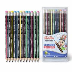 ShunShou SY-0083 HB Graphite Pencil Set 12 PCS with Built-in Eraser, Break-Resistant Lead, Premium Wooden School Writing, Drawing & Sketching Pencils for Kids, Students, Office & Home