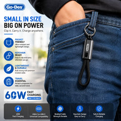 Go-Des GD-UC683 60W USB-C to USB-C Keychain Fast-Charging and 480Mbps Data Cable with Braided Wire