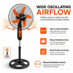 16-Inch DC 12V Stand Fan with Five Blades, Three Speeds, Oscillation, Telescopic Adjustable Height & Battery Clip Cable