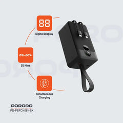 Porodo 50000mAh Power Bank with Built-in USB-C & Lightning Cables, 45W PD Fast Charging, 30W QC Output, Digital Display, Multi-Port Portable Battery Pack