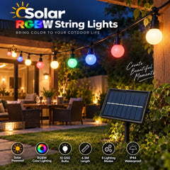 Solar-Powered 2-Way RGBW Decorative String Lights with 10 Shatterproof G50 Bulbs, 6.5m Cord, Eight Lighting Modes, IP44 Weather Resistance and 1200mAh Battery