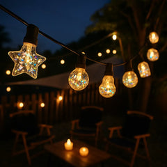 Solar & USB Powered 5M Outdoor String Lights with 10 Mixed-Shape LED Bulbs, 1W Each, 2700K Warm Glow, 6 Lighting Modes, IP64 Weather-Resistant Decorative Garden & Home Lighting