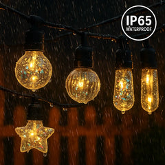 Solar & USB Powered 5M Outdoor String Lights with 10 Mixed-Shape LED Bulbs, 1W Each, 2700K Warm Glow, 6 Lighting Modes, IP64 Weather-Resistant Decorative Garden & Home Lighting