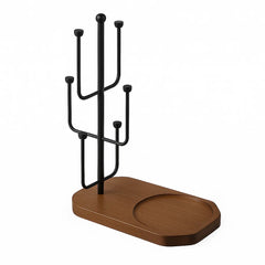 Vertical Glass Drying Stand with Wooden Tray Base, Freestanding Metal Glass Holder with Multi Hooks, Countertop Drinkware Organizer, 42 cm Height