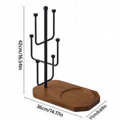 Vertical Glass Drying Stand with Wooden Tray Base, Freestanding Metal Glass Holder with Multi Hooks, Countertop Drinkware Organizer, 42 cm Height