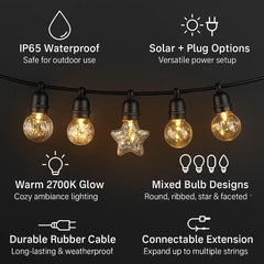 Solar & USB Powered 5M Outdoor String Lights with 10 Mixed-Shape LED Bulbs, 1W Each, 2700K Warm Glow, 6 Lighting Modes, IP64 Weather-Resistant Decorative Garden & Home Lighting