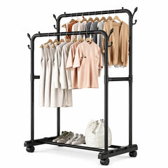 Heavy Duty Double Pole Clothes Hanger Rack with Wheels 35kg Load Capacity Adjustable Garment Organizer Stand