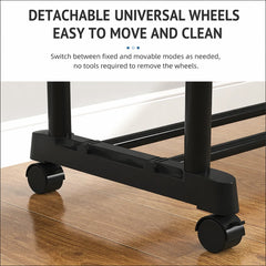 Adjustable Double Pole Clothes Hanger Rack with Wheels, Heavy Duty Steel Garment Organizer Stand with Bottom Shelf and Expandable Width 85–140 cm