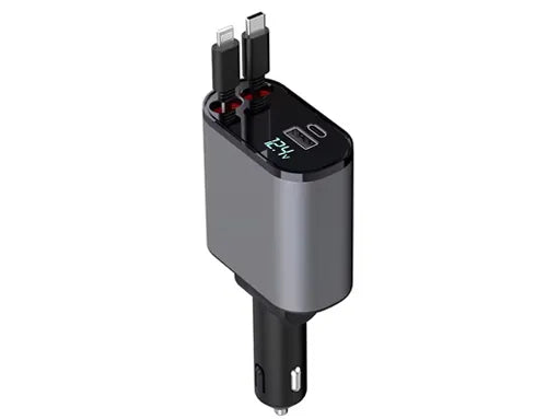 4-in-1 Fast Car Charger with Retractable Cables & PD Fast Charging for Mobiles