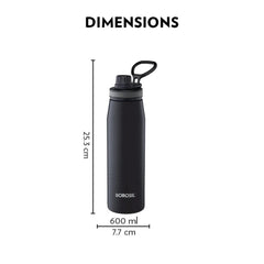 Borosil Hydra Stainless Steel Insulated Water Bottle 600ml with Double Wall Vacuum, Copper Coating, Leak-Proof Screwtop Sipper, 14 Hours Hot & 18 Hours Cold Retention, BPA-Free Travel Bottle