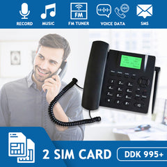 Wireless Quadband GSM Desk Phone with Dual SIM Slots, FM Radio, MP3, and SMS Capabilities