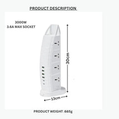 Sailboat 3000W Tower Power Socket, 8 Universal Sockets, 4 USB-A Ports, 2 USB-C Ports, Double Switch, Child Safety Protection & Overload Protection