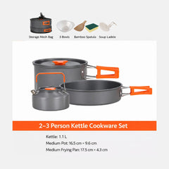 3 Piece Aluminum Camping Cookware Set with Cooking Pot, Frying Pan, Teapot, Mesh Storage Bag and Outdoor Cooking Accessories