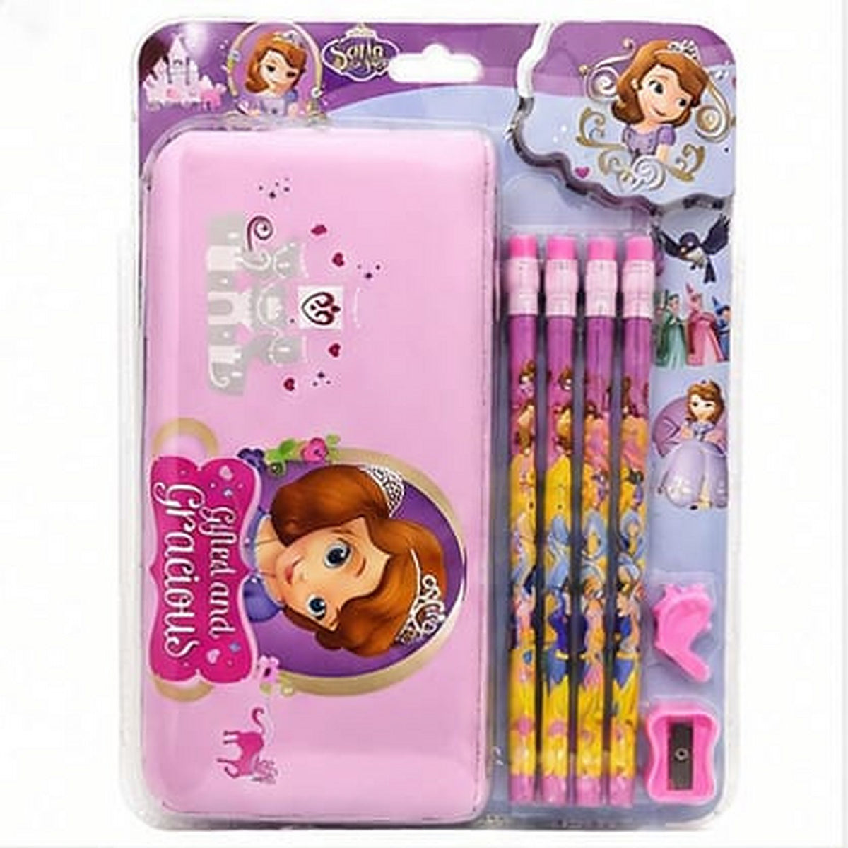 Sofia the First Princess Pencil Stationery Set with Pencil Box, 4 Pencils, Pencil Grip & Sharpener for Kids - 7 PCS