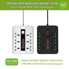 Universal 6 Socket Power Strip Extension Board 3000W with 2 PD18W Fast Charging Ports & 4 USB 5V3A, Overload Protection, Master Switch, Child Safety Shutter