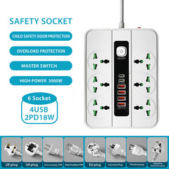 Universal 6 Socket Power Strip Extension Board 3000W with 2 PD18W Fast Charging Ports & 4 USB 5V3A, Overload Protection, Master Switch, Child Safety Shutter