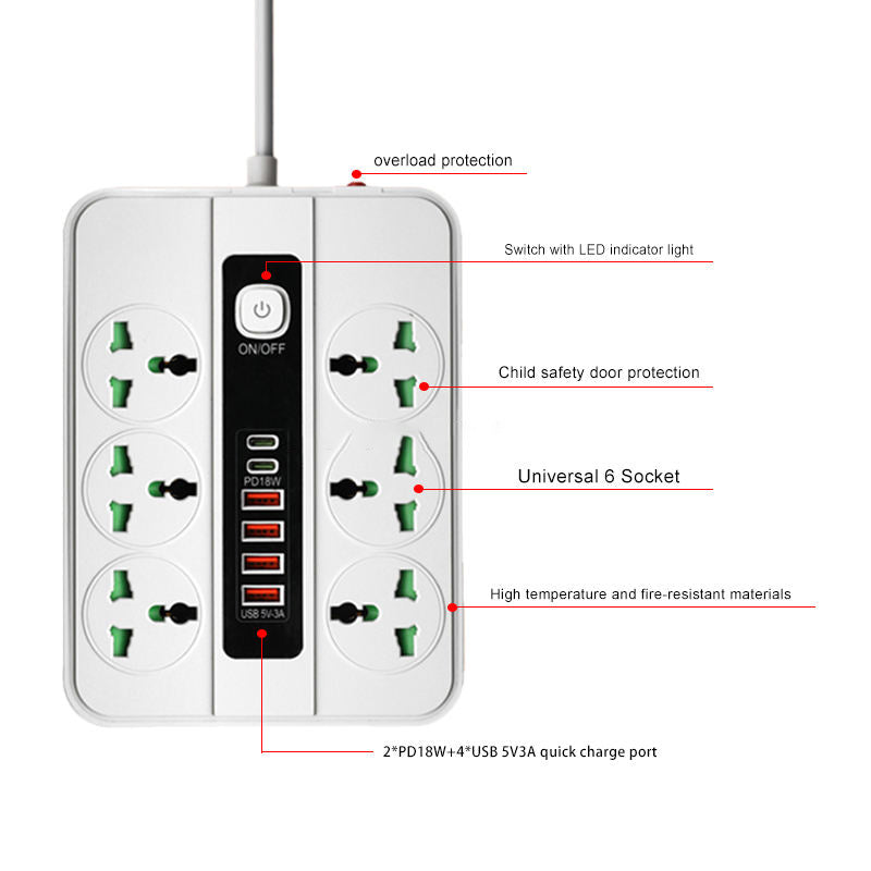 Universal 6 Socket Power Strip Extension Board 3000W with 2 PD18W Fast Charging Ports & 4 USB 5V3A, Overload Protection, Master Switch, Child Safety Shutter