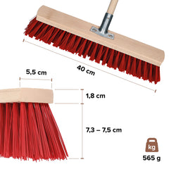 40 CM Heavy Duty Wooden Push Broom Head with 5-Row PET Bristles & Center Pole Mount for Indoor & Outdoor Cleaning
